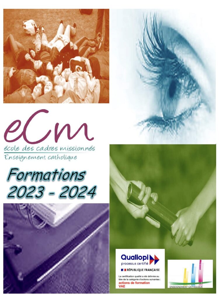 Image de la couverture du catalogue des formations proposées par l'ECM (École des Cadres Missionnés de l'enseignement catholique) pour l'année 2023-2024.