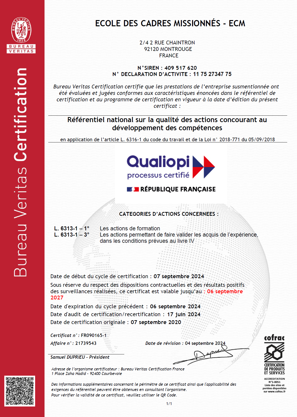 Certificat Qualiopi remis à l'Ecole des Cadres Missionnés par Bureau Veritas Certification en 2024